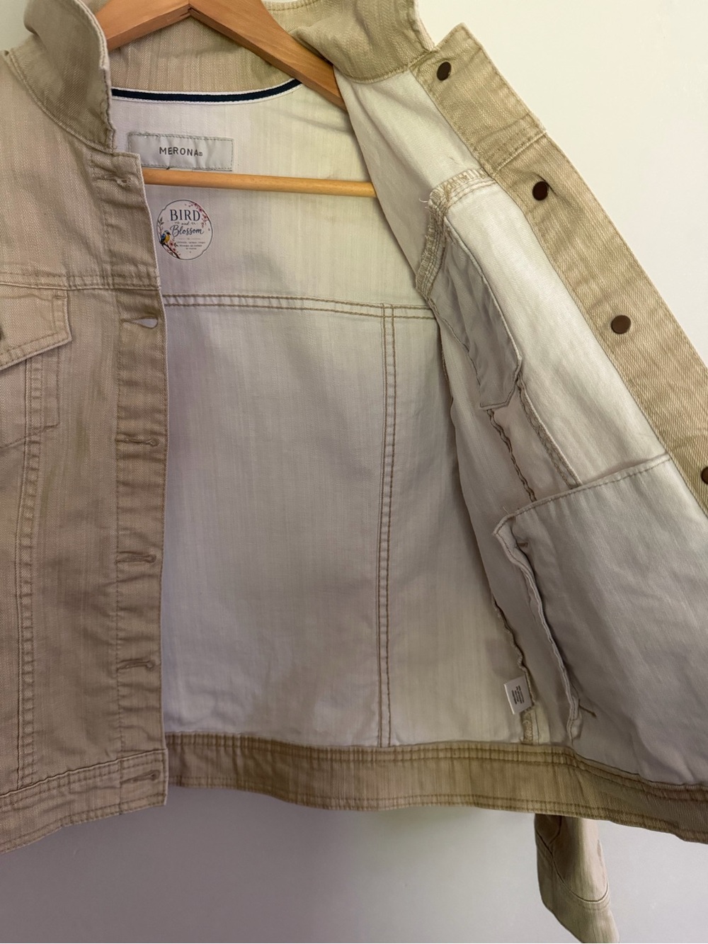 Merona | Large | UpCycled “Bird & Blossom” Boutique Beige Mushroom Denim Jacket - Picture 8 of 11